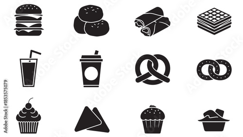 Assorted baked goods and beverages icons displayed on a clean white background