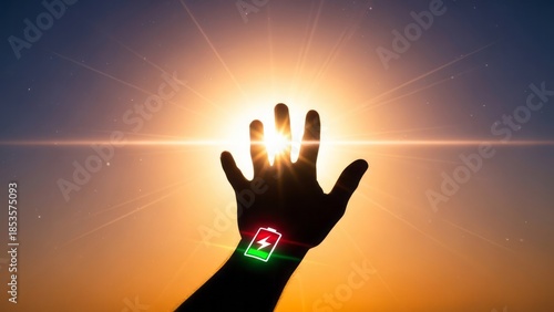 Hand Reaching Towards Sunrise with Battery Icon Energy Renewal Silhouette. Concept featuring sunrise, hand, battery icon, energy, renewal.