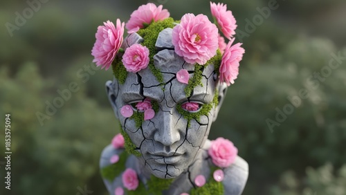 Floral Cracked Sculpture with Pink Flowers Nature Beauty Human Head. Concept featuring sculpture, flowers, pink, nature, beauty.