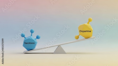 Balance of Serotonin and Dopamine Mental Health Seesaw Neurotransmitters. Concept featuring serotonin, dopamine, mental health, balance, seesaw.