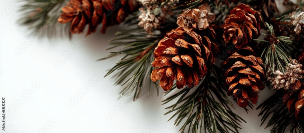 Obraz premium Pinecones and evergreen branches creating winter holiday border
