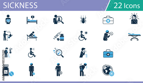 Grid of 24 blue and black line icons for healthcare symptoms and treatment, ideal for medical vector illustration content