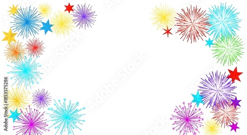 Vibrant colorful fireworks and stars forming a festive border on a white background