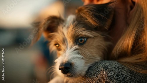 Closeup of adorable dog with fluffy ears relaxing in golden sunset