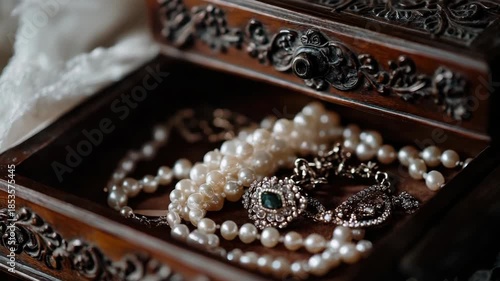 Elegant antique jewelry box with pearls and brooch displayed in intricate wooden case
