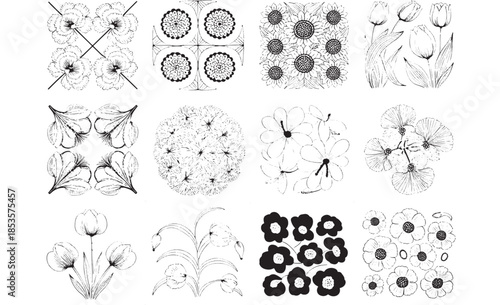 Collection of various black and white floral illustrations and patterns displayed together on a plain background
