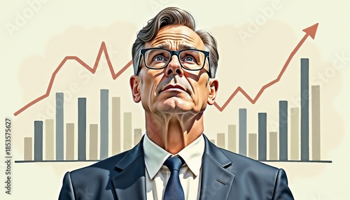 Middle-aged male finance worker contemplating financial charts with an upward trend on pastel backdrop