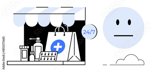 Online healthcare, pharmacy services, medical access, drugstore shopping, convenience, emergency care. Pharmacy store with medical items, tablets and 24-hour signage. Online healthcare and pharmacy