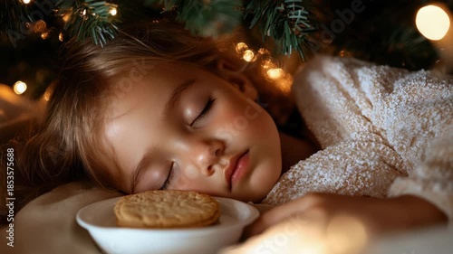 Cozy christmas eve: sleeping child under tree with cookies and warm lights