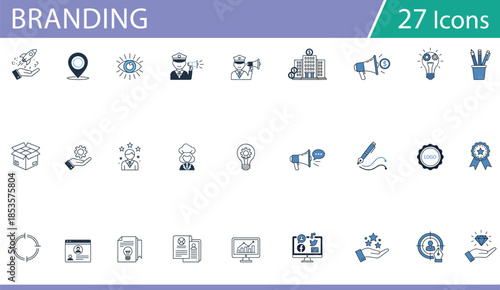 Grid of 30 blue and black line icons for business, communication, and career growth, ideal for professional vector content