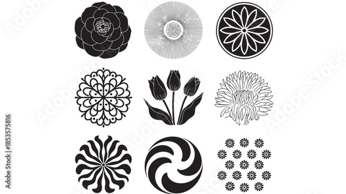 Collection of various black and white floral and abstract illustrations arranged in a grid pattern.