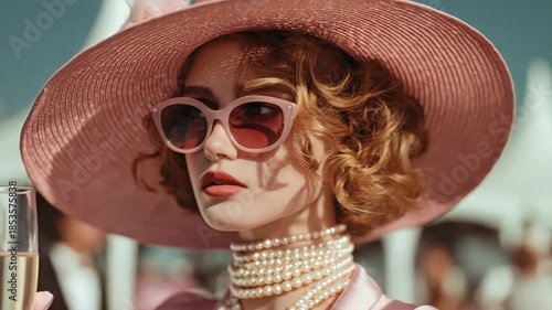 Elegant woman in vintage attire sipping champagne at outdoor social event