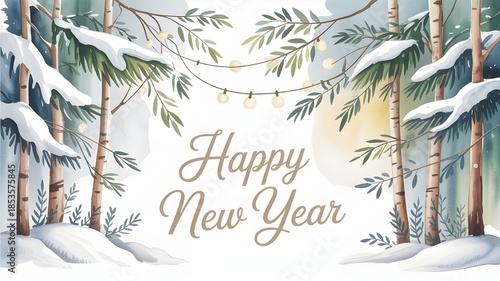 A delightful watercolor illustration wishing a happy new year in a serene winter forest scene
