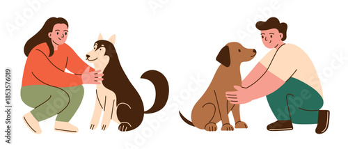 Flat cartoon vector illustration of dog owners with pets, woman with husky and man with labrador crouching and petting dogs, friendly social scene, warm lifestyle mood for pet care, walking