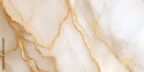 A stunning close up view of white marble with elegant gold veins flowing throughout the stone surface