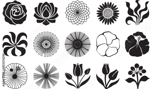 Collection of various black and white flower illustrations on a plain white background.
