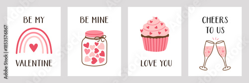 Valentines Day greeting card set with rainbow, jar of hearts, cupcake and champagne glasses. Romantic hand drawn posters with lettering. Perfect for love messages, holidays, invitations, prints