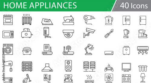 Grid of 40 black line icons for household and electronic appliances, ideal for home utility vector illustration content