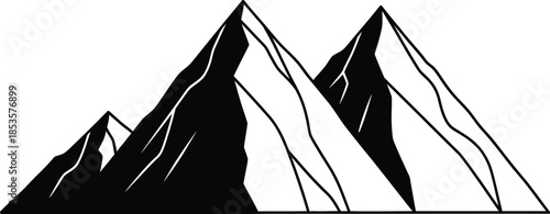 Simple black and white illustration of a mountain range with three peaks