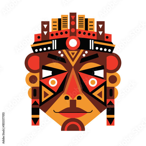 Vibrant tribal inspired mask featuring geometric patterns and rich color palette