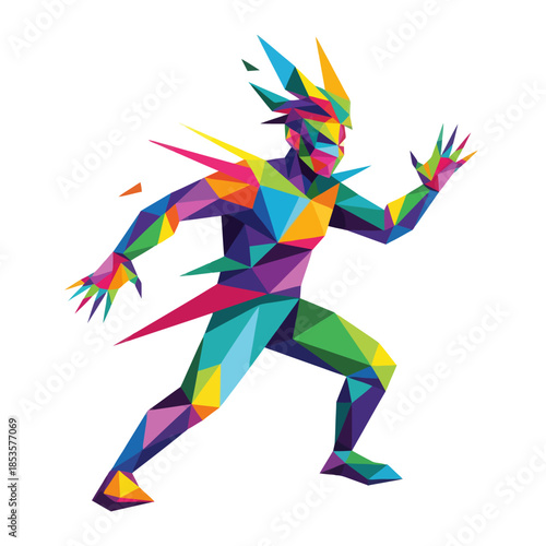 Vibrant geometric warrior with dynamic stance and multicolored facets