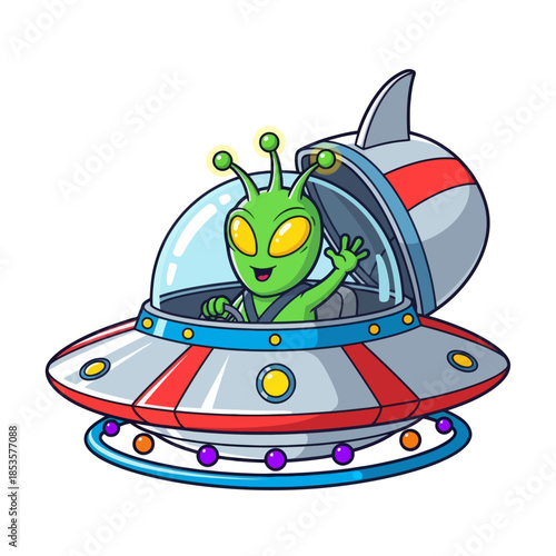 Colorful cartoon alien in a classic flying saucer with vibrant details and playful expression