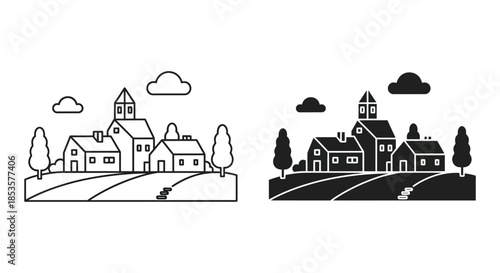 Charming village landscape with detailed buildings and rolling hills presented as a striking silhouette