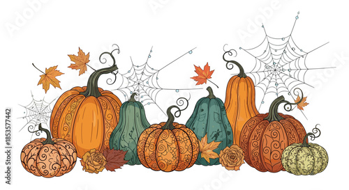 Hand-drawn illustration of colorful autumn pumpkins and gourds with fall leaves, flowers, and spiderwebs, ideal for harvest or Halloween.