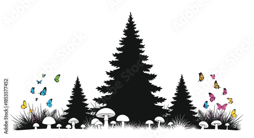 A vibrant forest silhouette illustration with majestic pine trees, whimsical mushrooms, and a flutter of colorful butterflies on a bright white background.