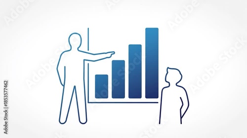Outline people with one pointing at a growing bar chart on a clean white background
