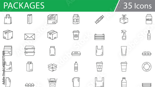 Grid of 25 black line icons for packaging and containers, ideal for retail, shipping, and food service vector content