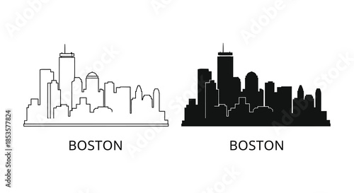 A striking depiction of the boston skyline in both white outline and black silhouette