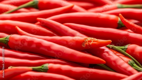 Heap of vibrant red chili peppers in a close-up view, intense hot spice and fresh agricultural produce