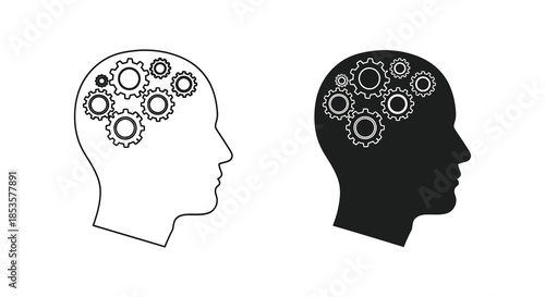 Conceptual illustration of a human head filled with gears showcasing thought processes as a silhouette