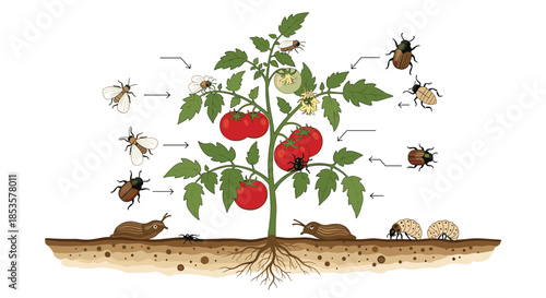 Illustration depicting various insect pests and slugs causing damage to a tomato plant in a garden environment.