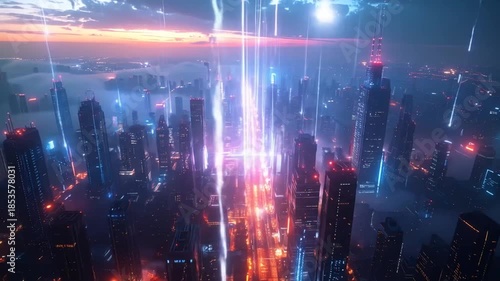 Futuristic Cityscape with Energy Beams and Skyscrapers at Dusk