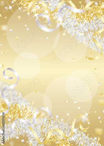 金銀のテープが飛ぶキラキラした縦向き背景イラスト