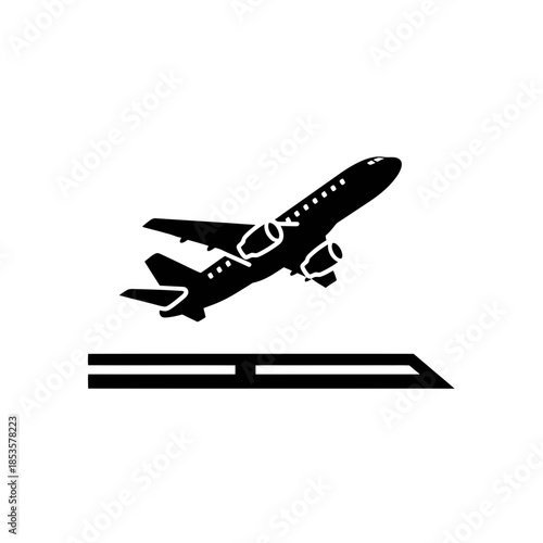 Commercial Airplane Taking Off From Airport Runway Black and White Aviation Transportation Icon Design