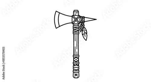 Detailed black and white line art of a traditional tomahawk or native american axe featuring decorative feathers.