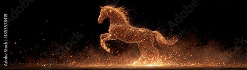 A majestic horse appears to be dancing in fiery sparks against a dark background, creating a stunning visual effect.