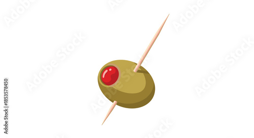 Single green olive stuffed with a red pimento and pierced with a wooden toothpick isolated on a white background.