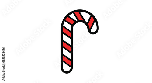 Traditional red and white striped candy cane with a hook shape isolated on a white background for holiday themes.