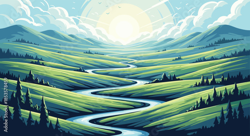 Beautiful pixel art illustration of a serene valley with a curving river, green fields, distant mountains, and a bright sun.