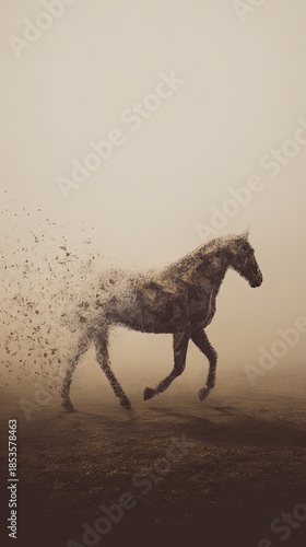 A digitally manipulated image of a horse appearing to dissolve into fragments, creating a surreal and ethereal effect in a misty environment.