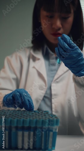 Young Asian woman in a lab coat and protective gloves carefully analyzing and handling samples in test tubes during a scientific experiment