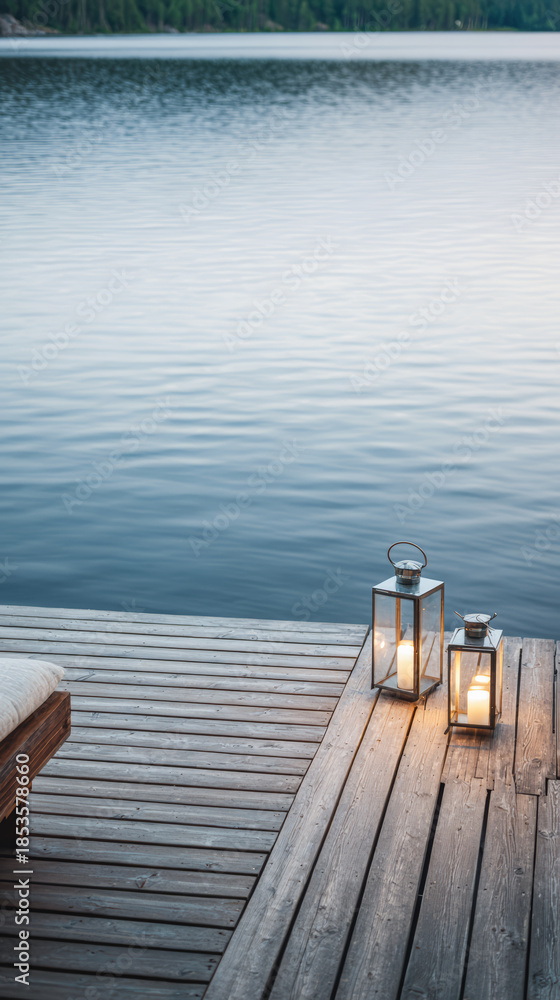 Obraz premium Evening lights by the water with wooden deck and lanterns on a calm lake shore