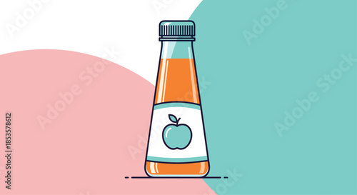 Tapered glass bottle filled with orange juice featuring an apple icon on the label against a colorful background.