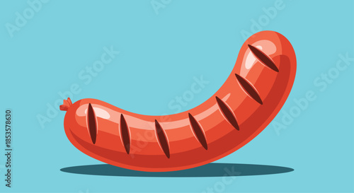 Grilled red sausage with visible score marks and a light shadow set against a solid bright blue background.