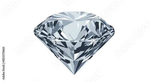 Large brilliant cut diamond with multiple facets and white sparkling reflections isolated on a white background.