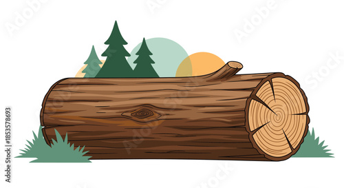 Large wooden log lying horizontally on the ground with pine trees and colorful abstract circles in the background.